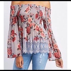 Floral Lace-Trimmed Smocked Off-The-Shoulder Top